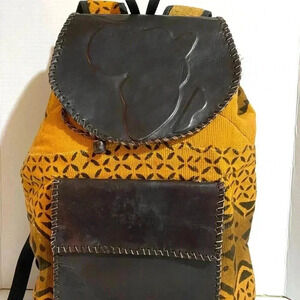 Handmade  Unsex Africa mud cloth cotton canvas leather backpack